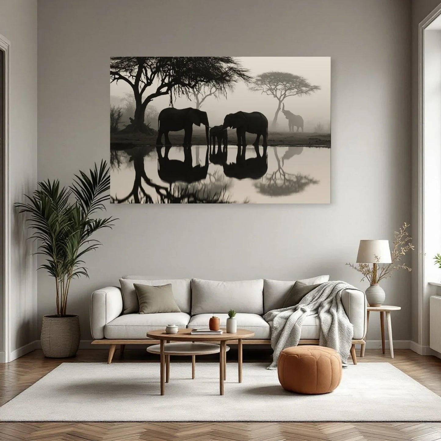 Tableau Éléphants Point d Eau dans un salon - Art Virtuoso