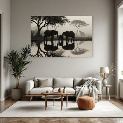 Tableau Éléphants Point d Eau dans un salon - Art Virtuoso