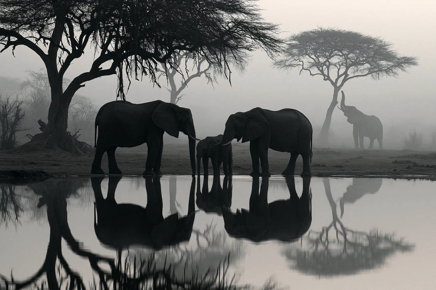 Tableau Éléphants Point d Eau - impression sur toile, format S