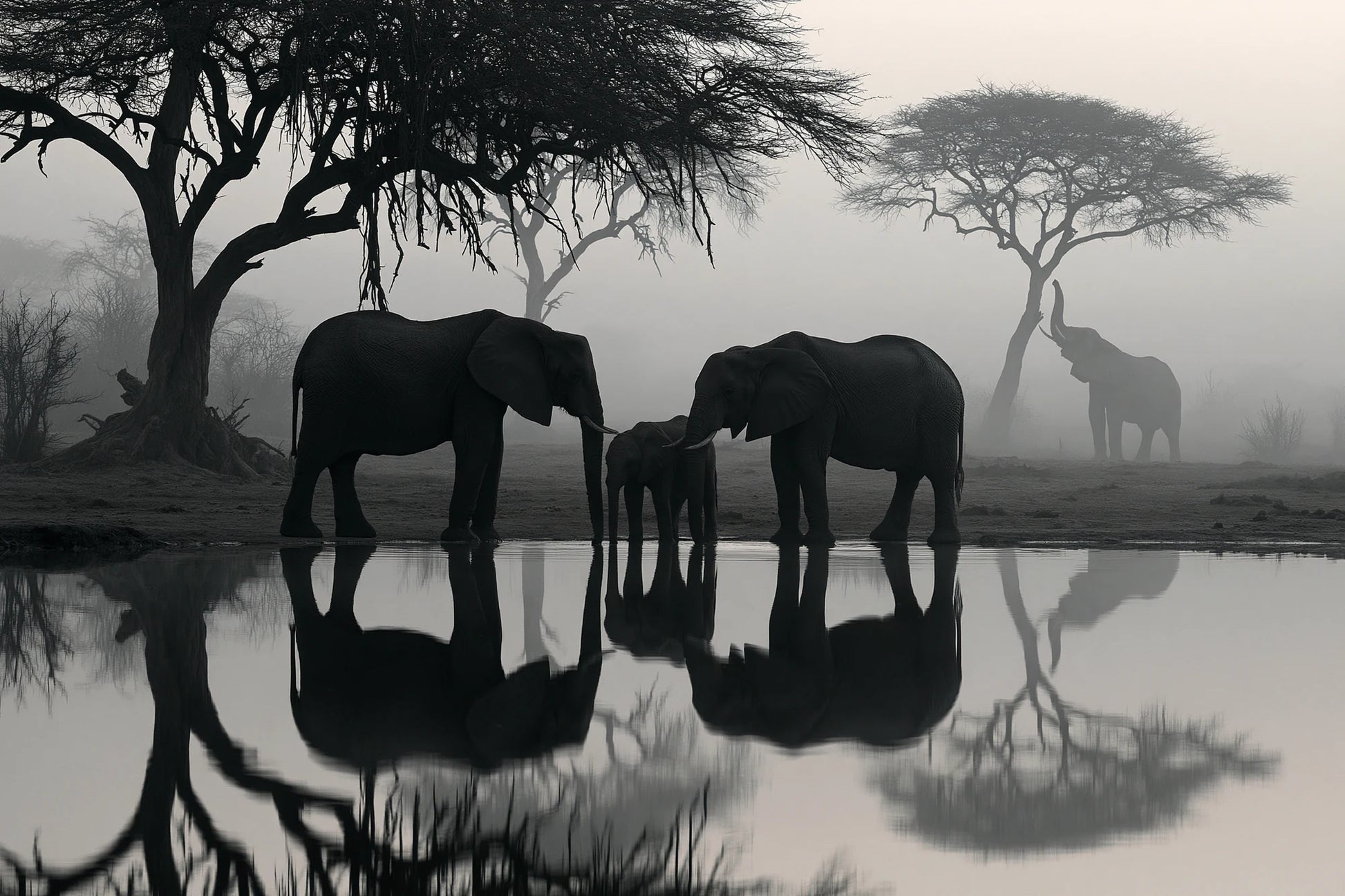 Tableau Éléphants Point d Eau - impression sur toile, format S