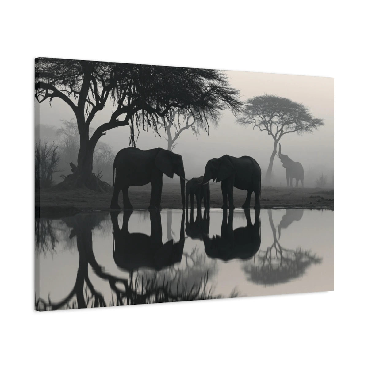 Tableau Éléphants Point d Eau - toile 3D avec bords imprimés - Art Virtuoso