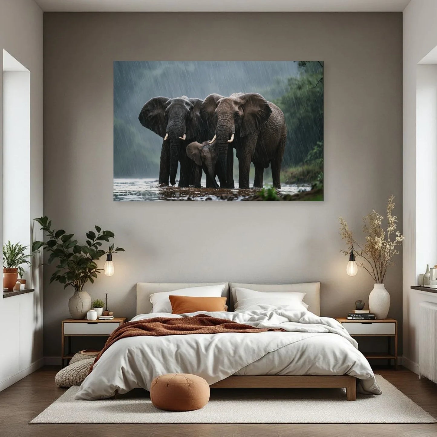 Tableau Éléphants sous la Pluie dans une chambre - Art Virtuoso