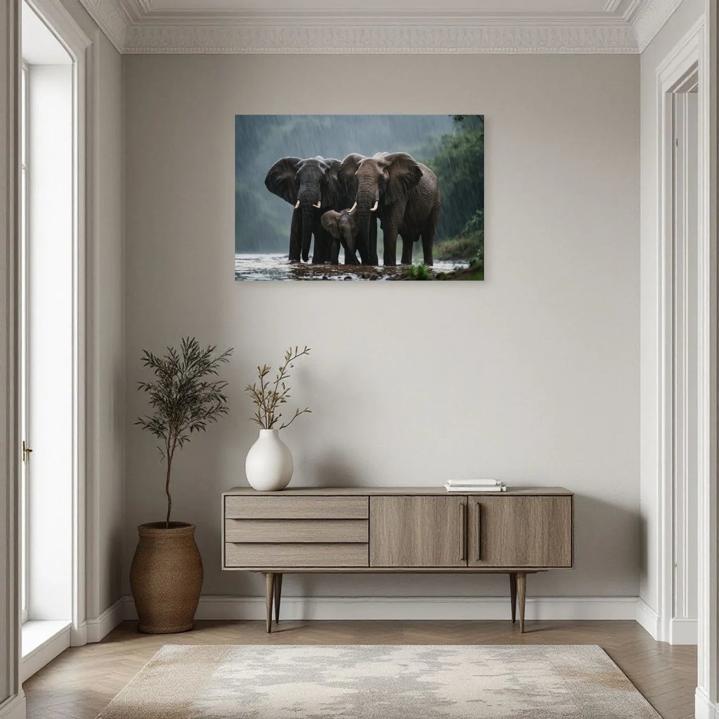 Tableau Éléphants sous la Pluie dans une entrée ou un couloir - Art Virtuoso