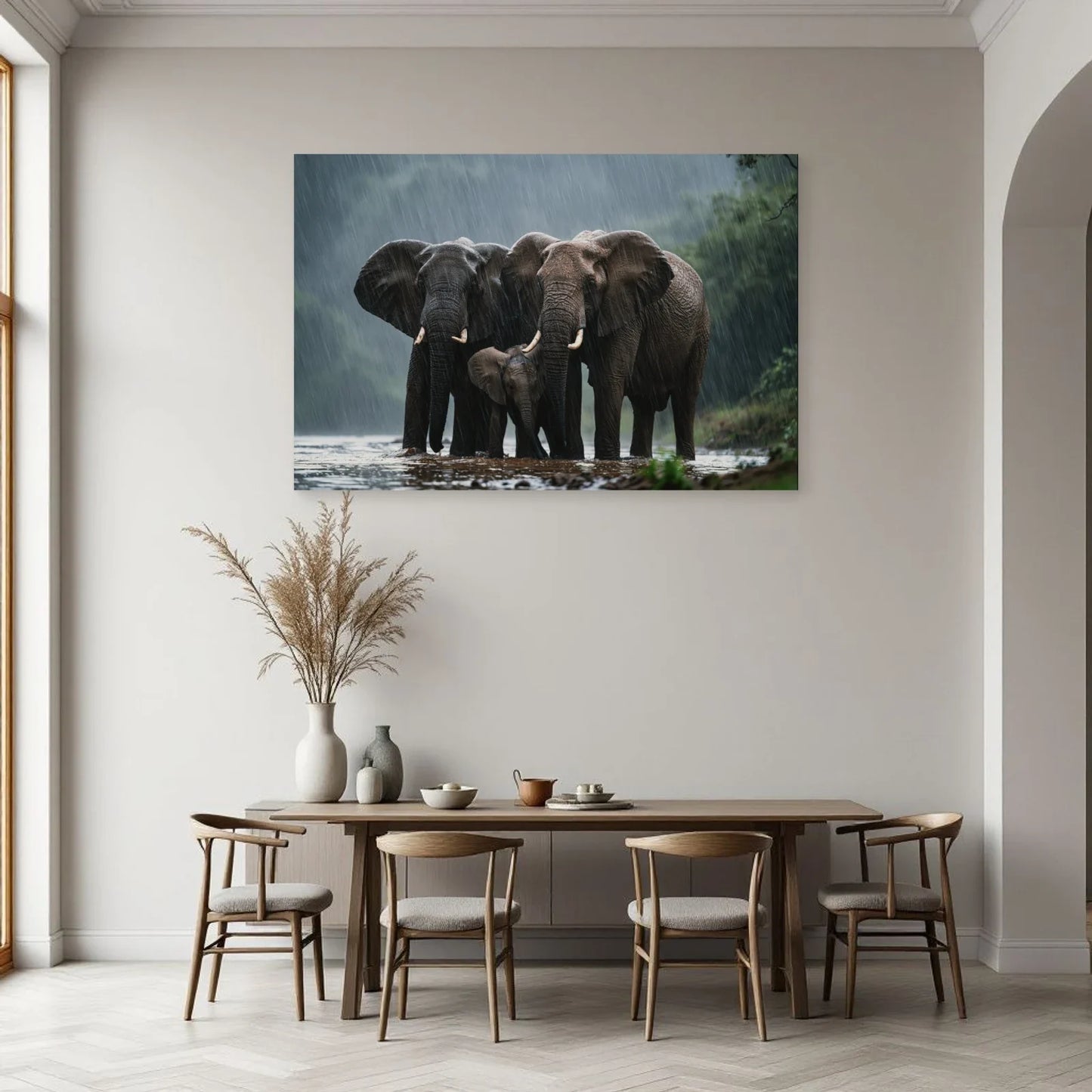 Tableau Éléphants sous la Pluie dans une salle à manger - Art Virtuoso