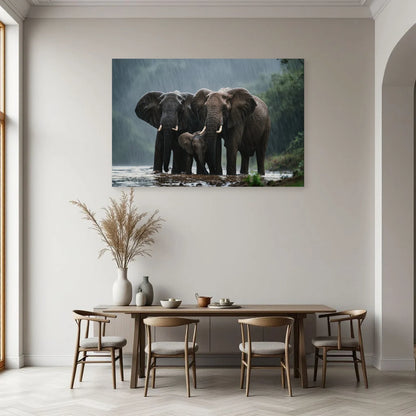 Tableau Éléphants sous la Pluie dans une salle à manger - Art Virtuoso