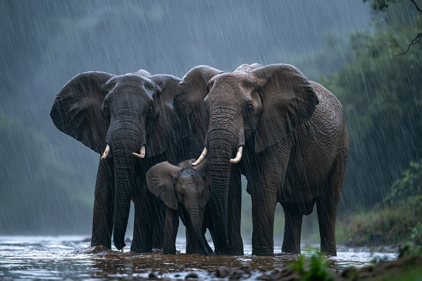 Tableau Éléphants sous la Pluie - impression sur toile, format XXL