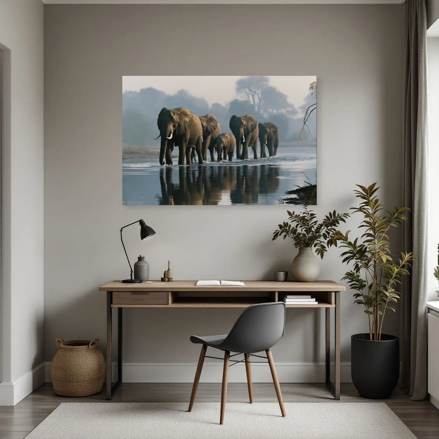 Tableau Éléphants Traversée Riviere dans un bureau - Art Virtuoso