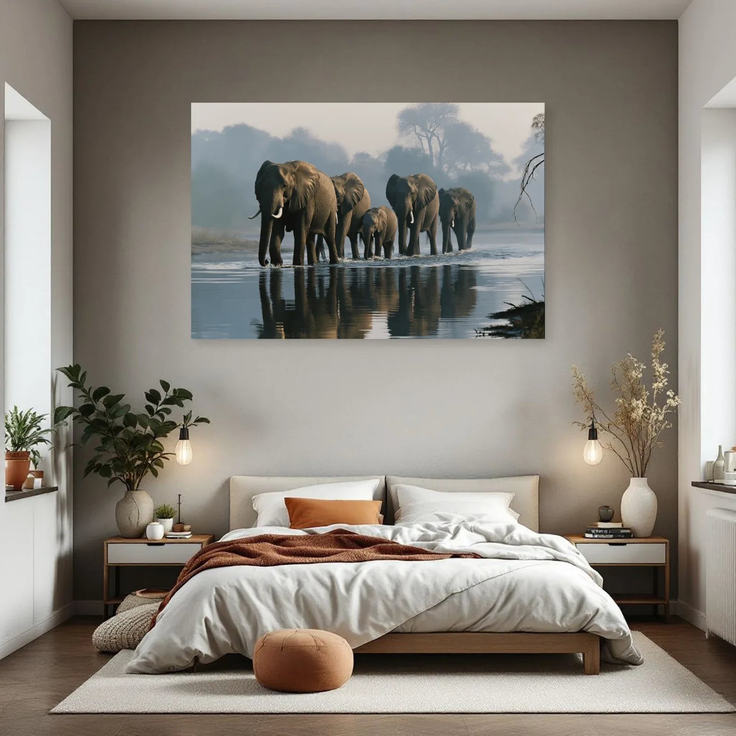 Tableau Éléphants Traversée Riviere dans une chambre - Art Virtuoso