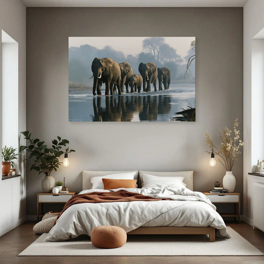Tableau Éléphants Traversée Riviere dans une chambre - Art Virtuoso