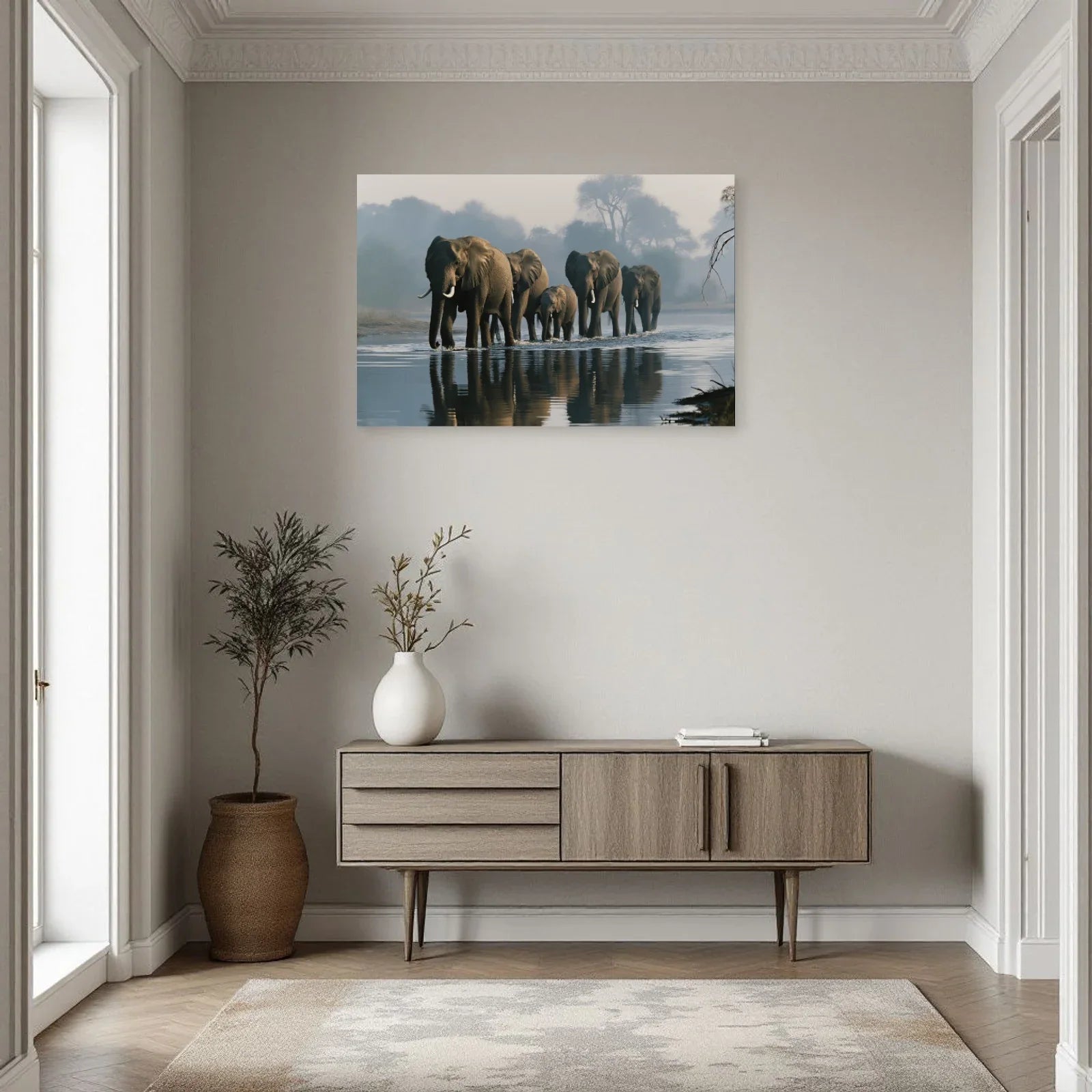 Tableau Éléphants Traversée Riviere dans une entrée ou un couloir - Art Virtuoso