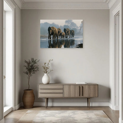 Tableau Éléphants Traversée Riviere dans une entrée ou un couloir - Art Virtuoso