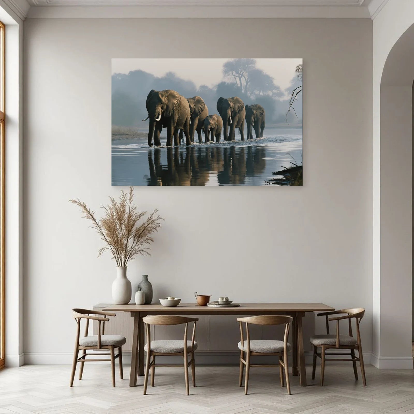 Tableau Éléphants Traversée Riviere dans une salle à manger - Art Virtuoso