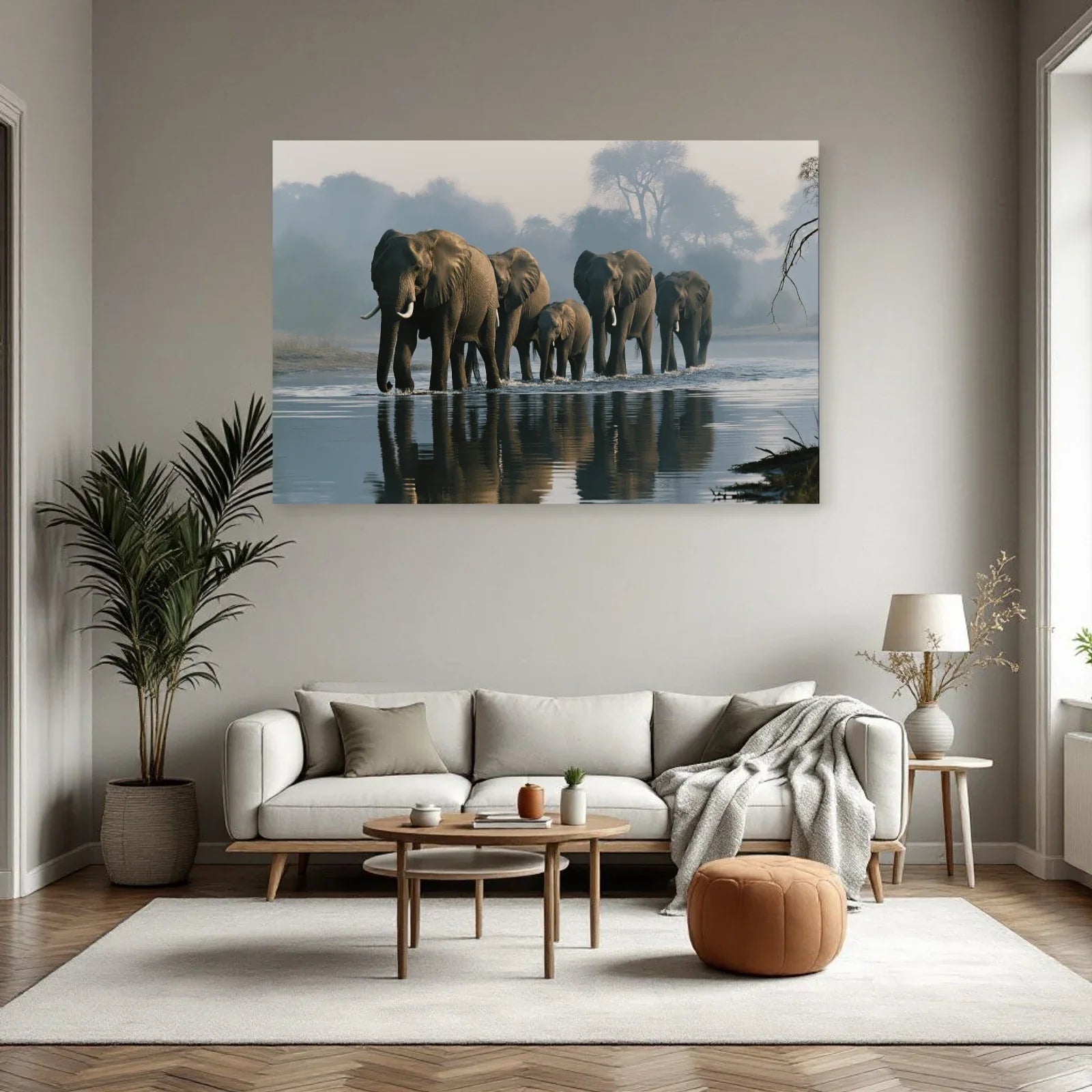 Tableau Éléphants Traversée Riviere dans un salon - Art Virtuoso