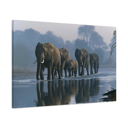 Tableau Éléphants Traversée Riviere - toile 3D avec bords imprimés - Art Virtuoso