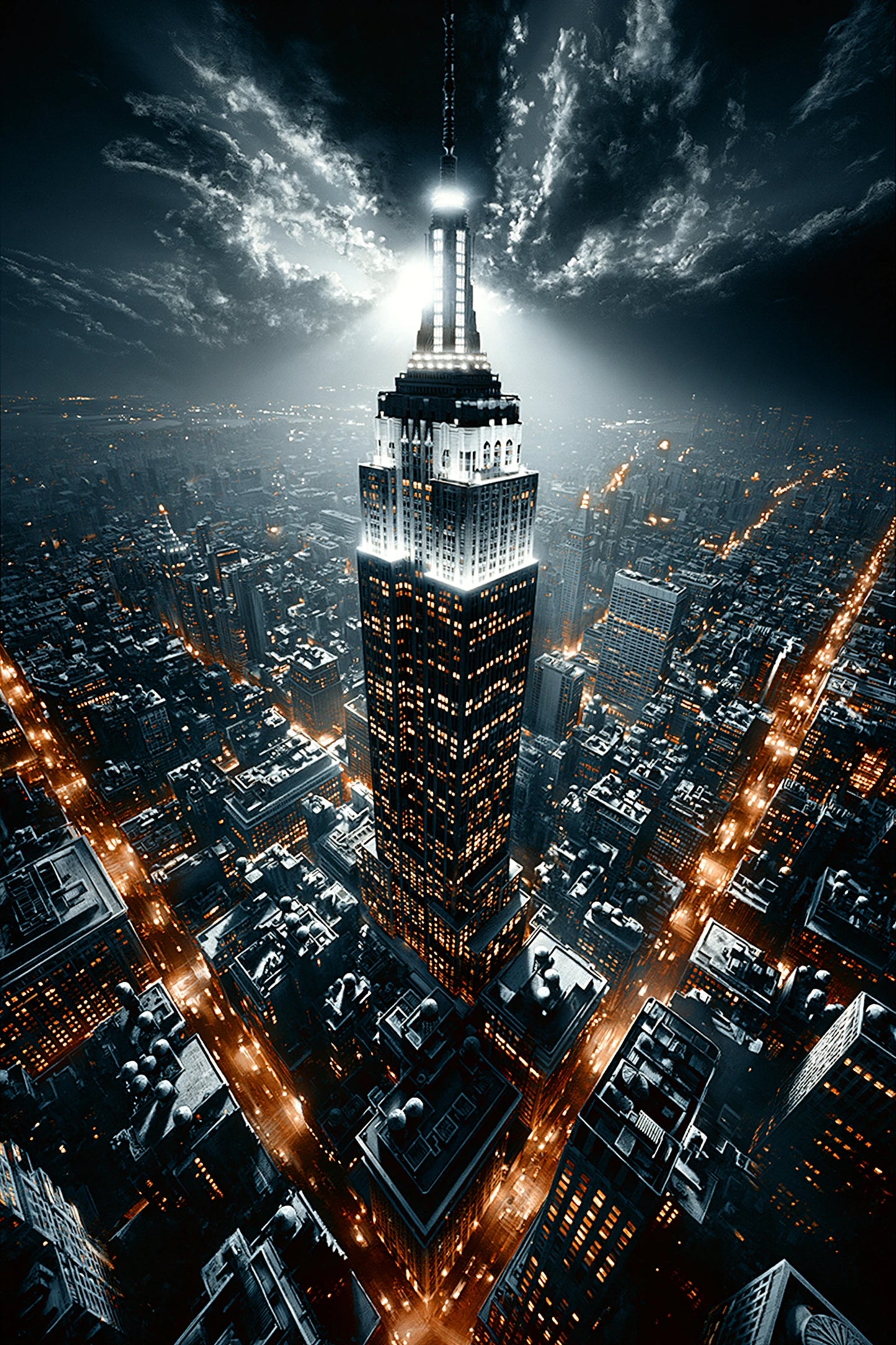Empire State Building vertical dans une nuit dramatique, toile format XXL