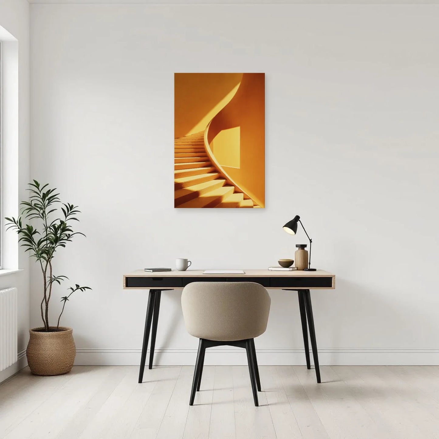 Toile verticale d'architecture jaune onirique installée dans un bureau moderne par Art Virtuoso