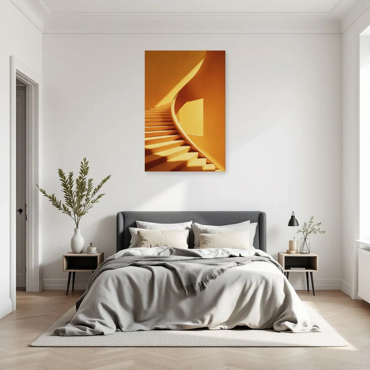 Tableau d'escalier jaune safran exposé sur un mur de chambre épurée par Art Virtuoso