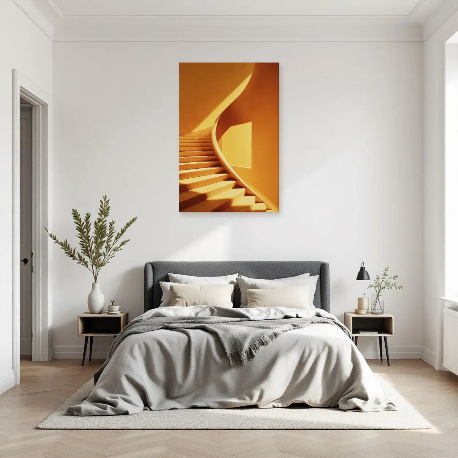 Tableau d'escalier jaune safran exposé sur un mur de chambre épurée par Art Virtuoso