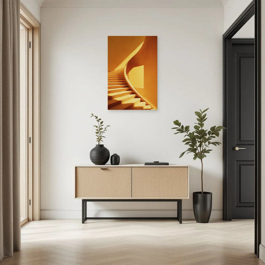 Tableau vertical escalier jaune placé dans une entrée étroite et lumineuse par Art Virtuoso