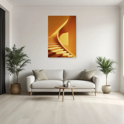Tableau escalier jaune surréaliste vertical présenté dans un salon contemporain par Art Virtuoso