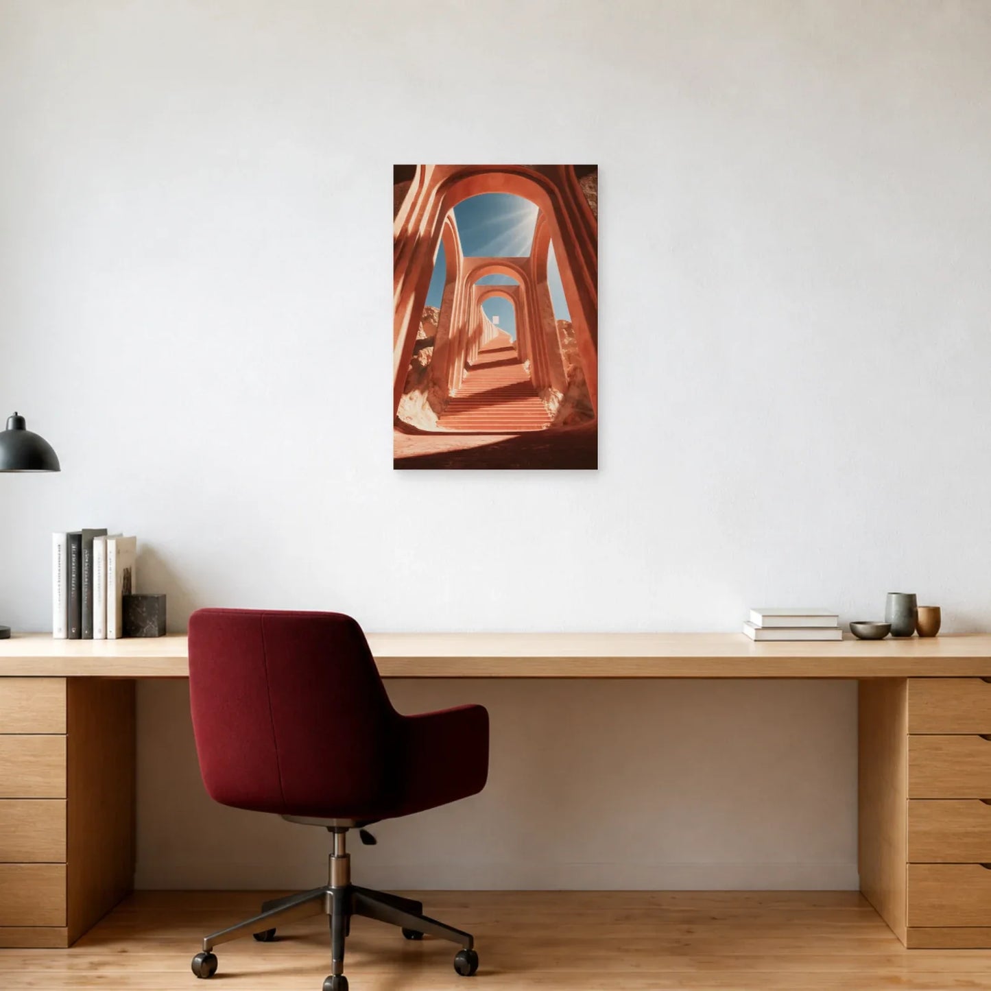 Tableau Escalier Rose Surréaliste présenté dans un bureau - Art Virtuoso