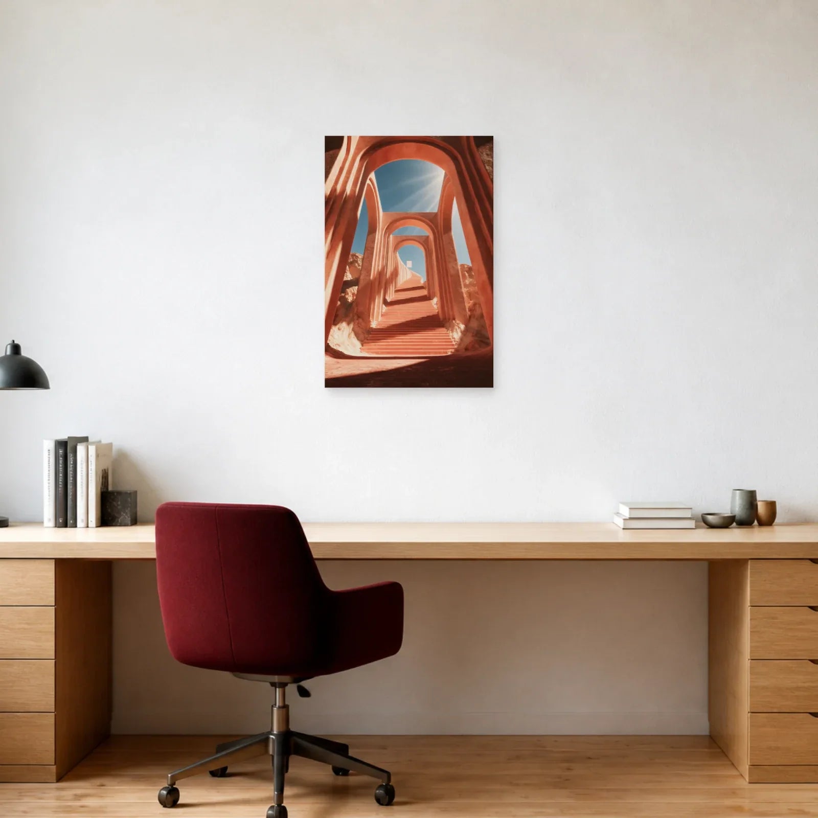 Tableau Escalier Rose Surréaliste présenté dans un bureau - Art Virtuoso