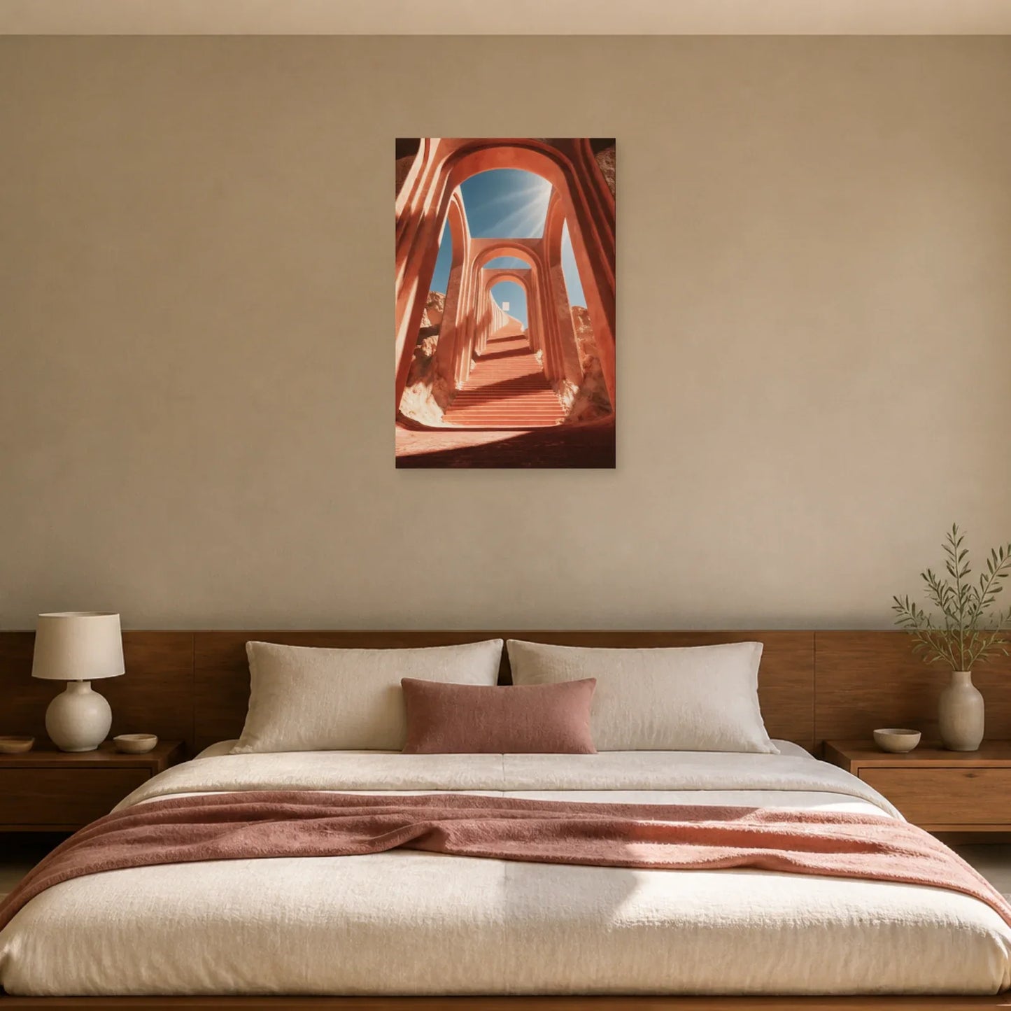Tableau Escalier Rose Surréaliste présenté dans une chambre - Art Virtuoso