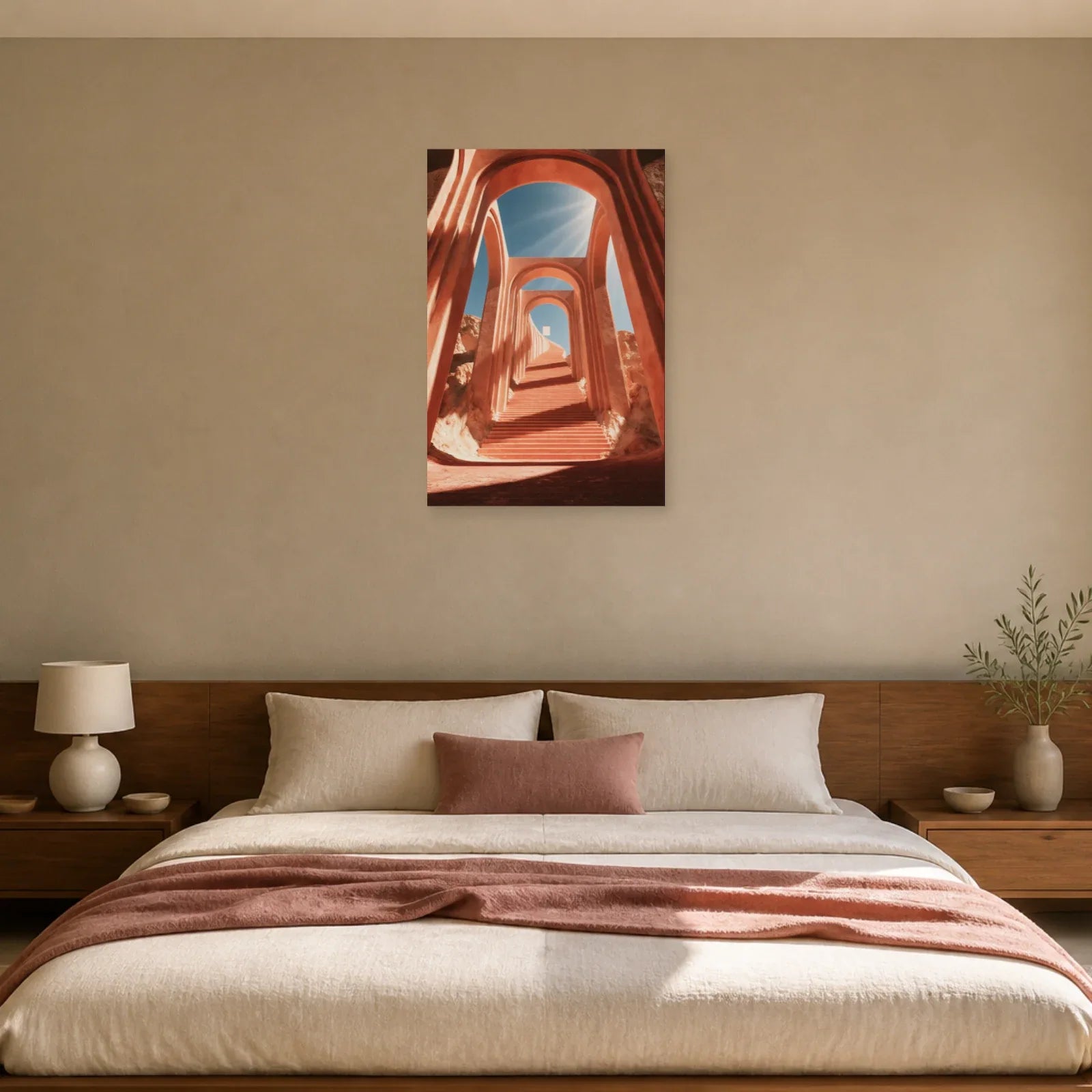 Tableau Escalier Rose Surréaliste présenté dans une chambre - Art Virtuoso