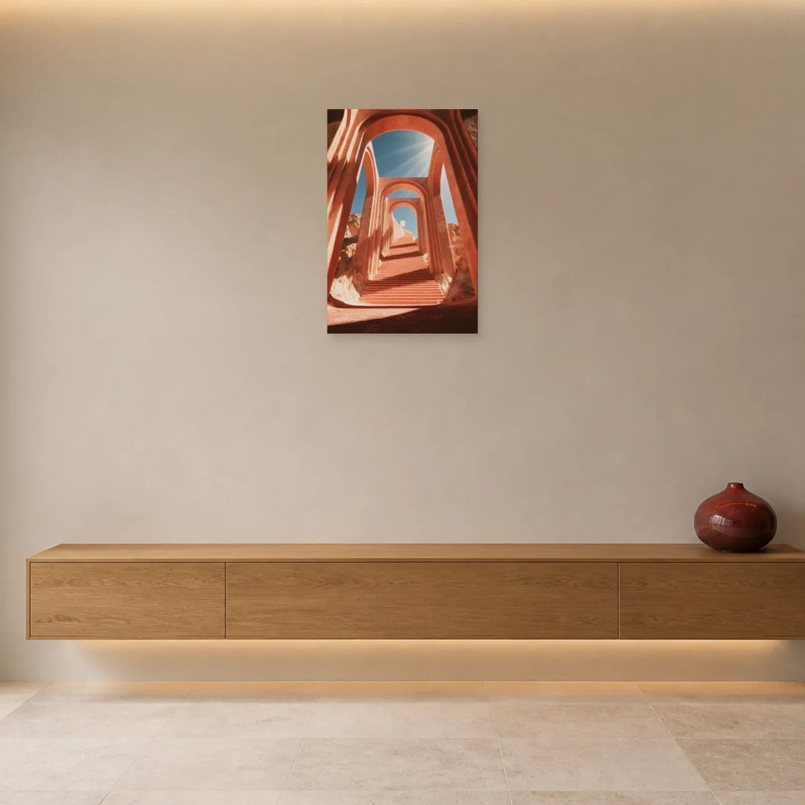 Tableau Escalier Rose Surréaliste présenté dans une entrée - Art Virtuoso