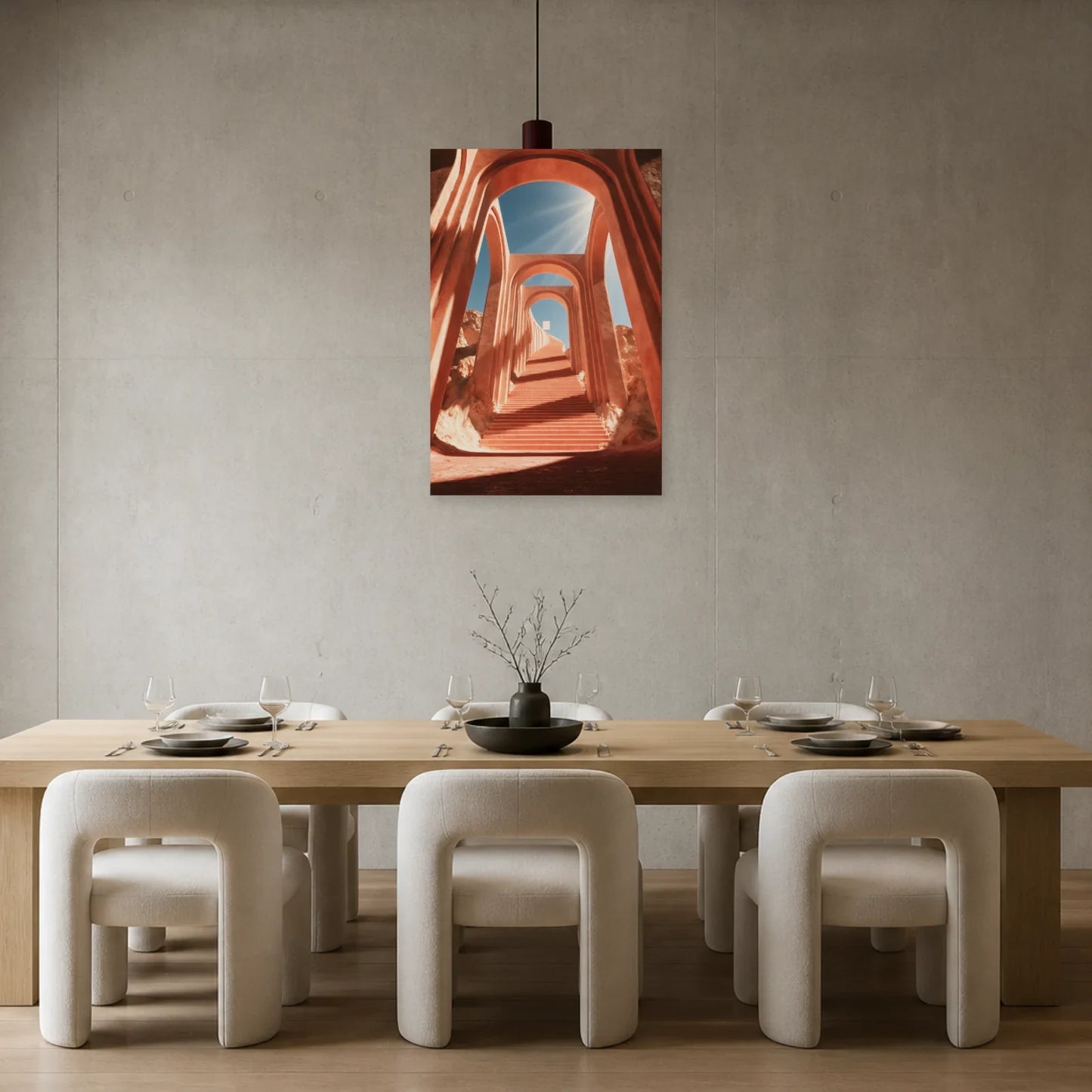 Tableau Escalier Rose Surréaliste présenté dans une salle à manger - Art Virtuoso