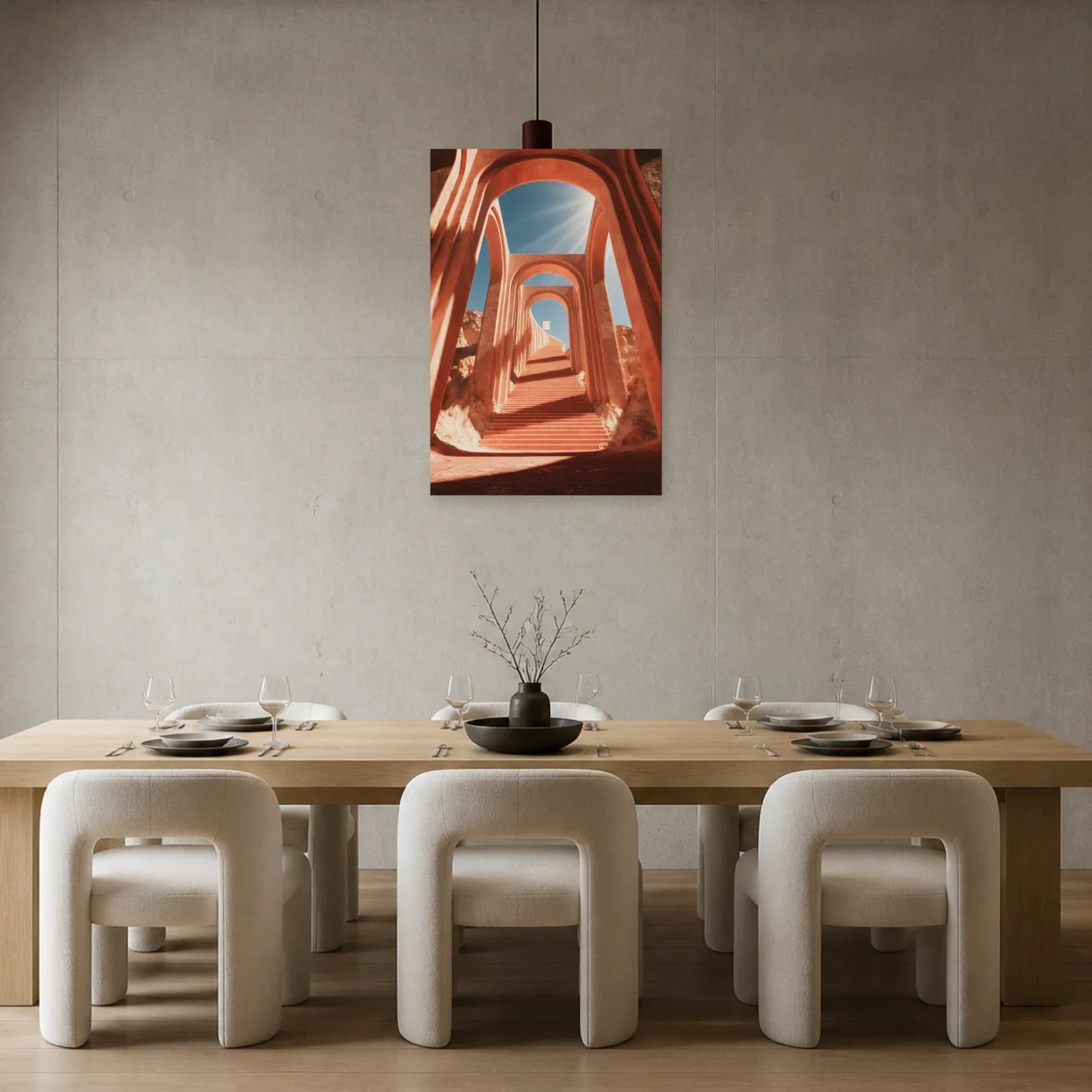 Tableau Escalier Rose Surréaliste présenté dans une salle à manger - Art Virtuoso