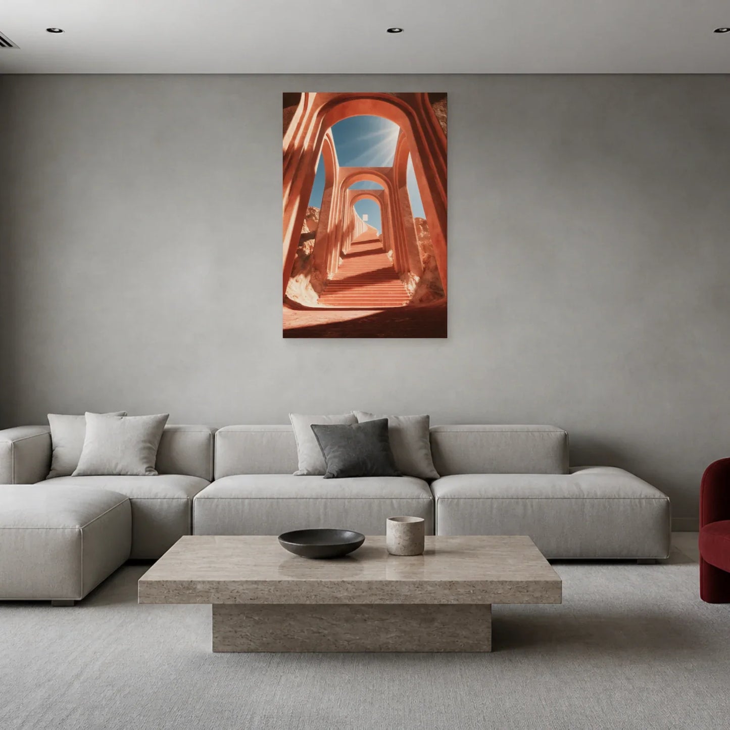 Tableau Escalier Rose Surréaliste présenté dans un salon - Art Virtuoso