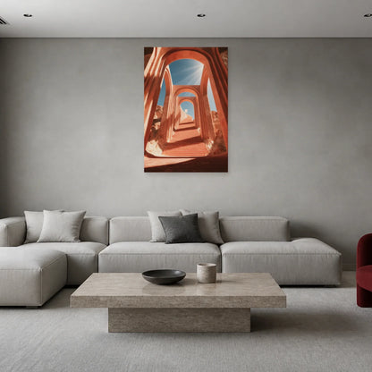 Tableau Escalier Rose Surréaliste présenté dans un salon - Art Virtuoso