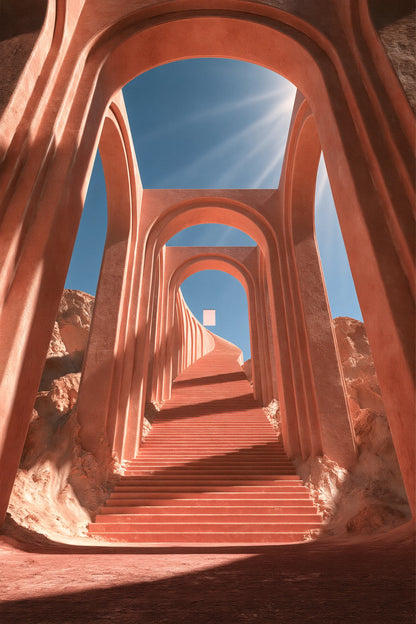 Tableau Escalier Rose Surréaliste, un escalier monumental rose qui monte vers une ouverture impossible, format XL - Art Virtuoso