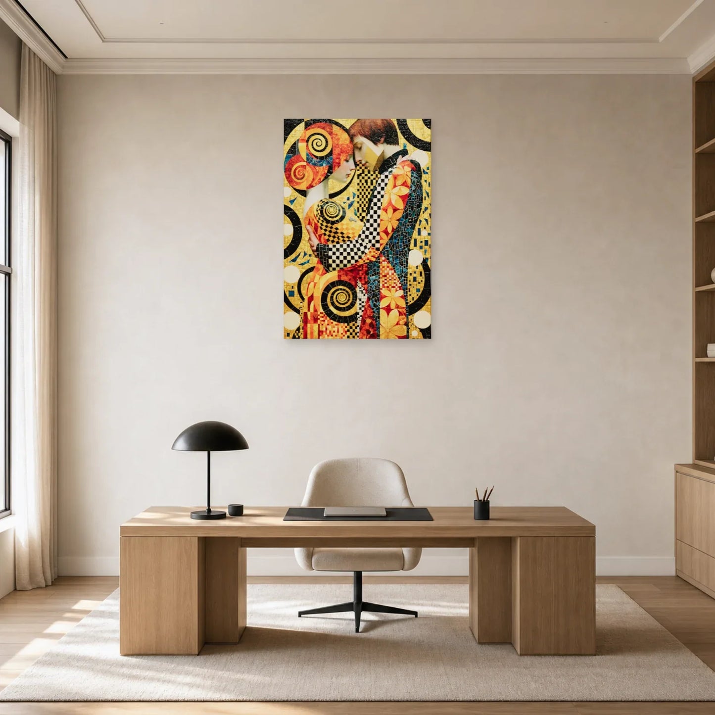 Étreinte aux spirales et damiers installée dans un bureau