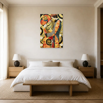 Tableau romantique rouge or et noir présenté dans une chambre