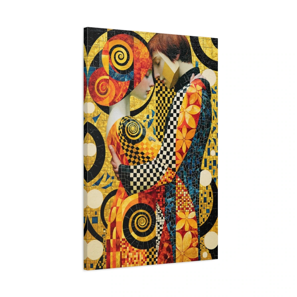 Vue 3D de côté du tableau couple enlacé aux motifs dorés