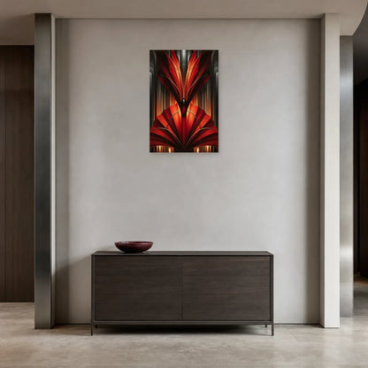 éventail monumental rouge Art Déco aux arcs couleur bronze, présenté dans une entrée épurée