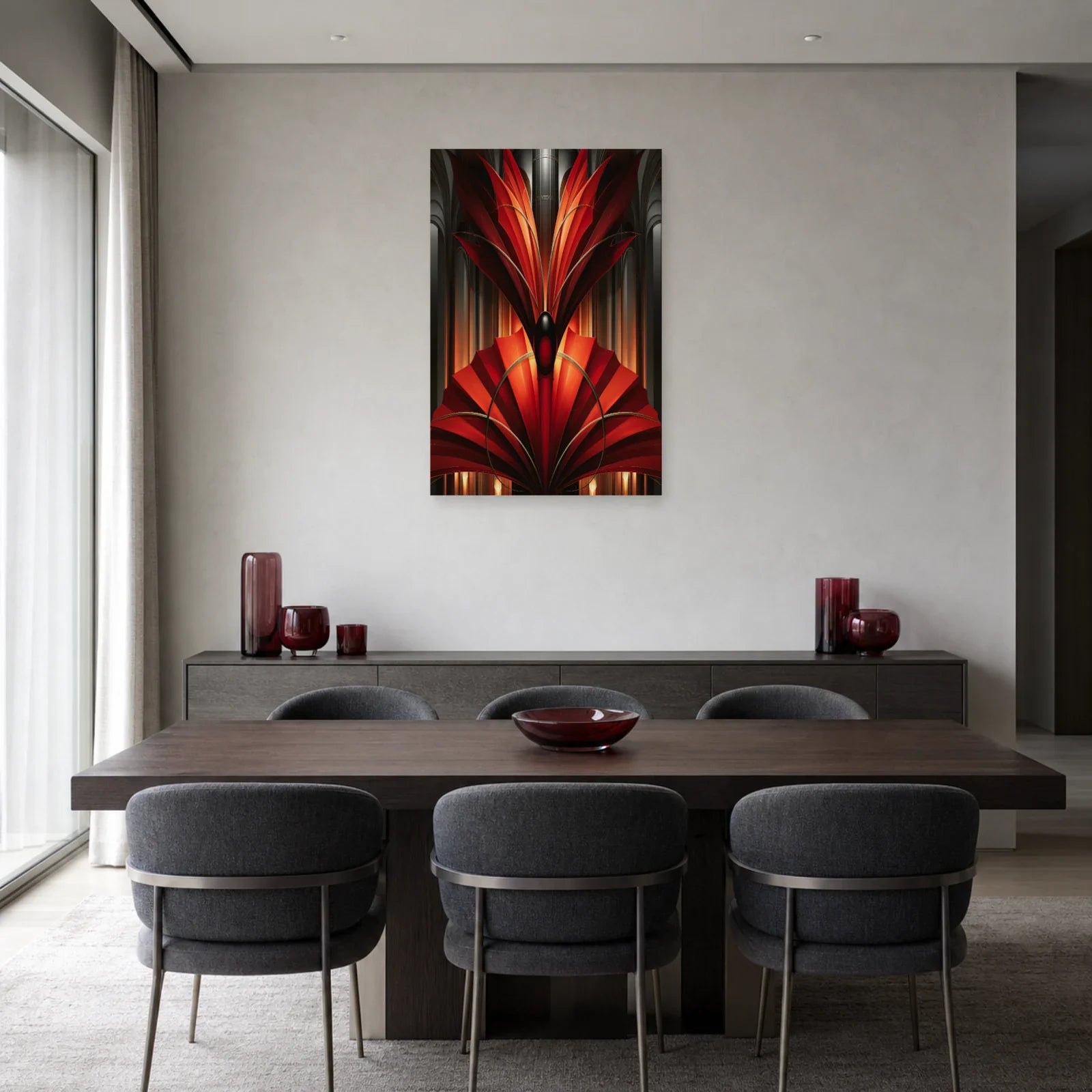 éventail monumental rouge Art Déco aux arcs couleur bronze, présenté dans une salle à manger chaleureuse