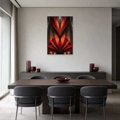 éventail monumental rouge Art Déco aux arcs couleur bronze, présenté dans une salle à manger chaleureuse