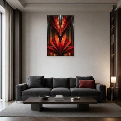 éventail monumental rouge Art Déco aux arcs couleur bronze, présenté dans un salon contemporain