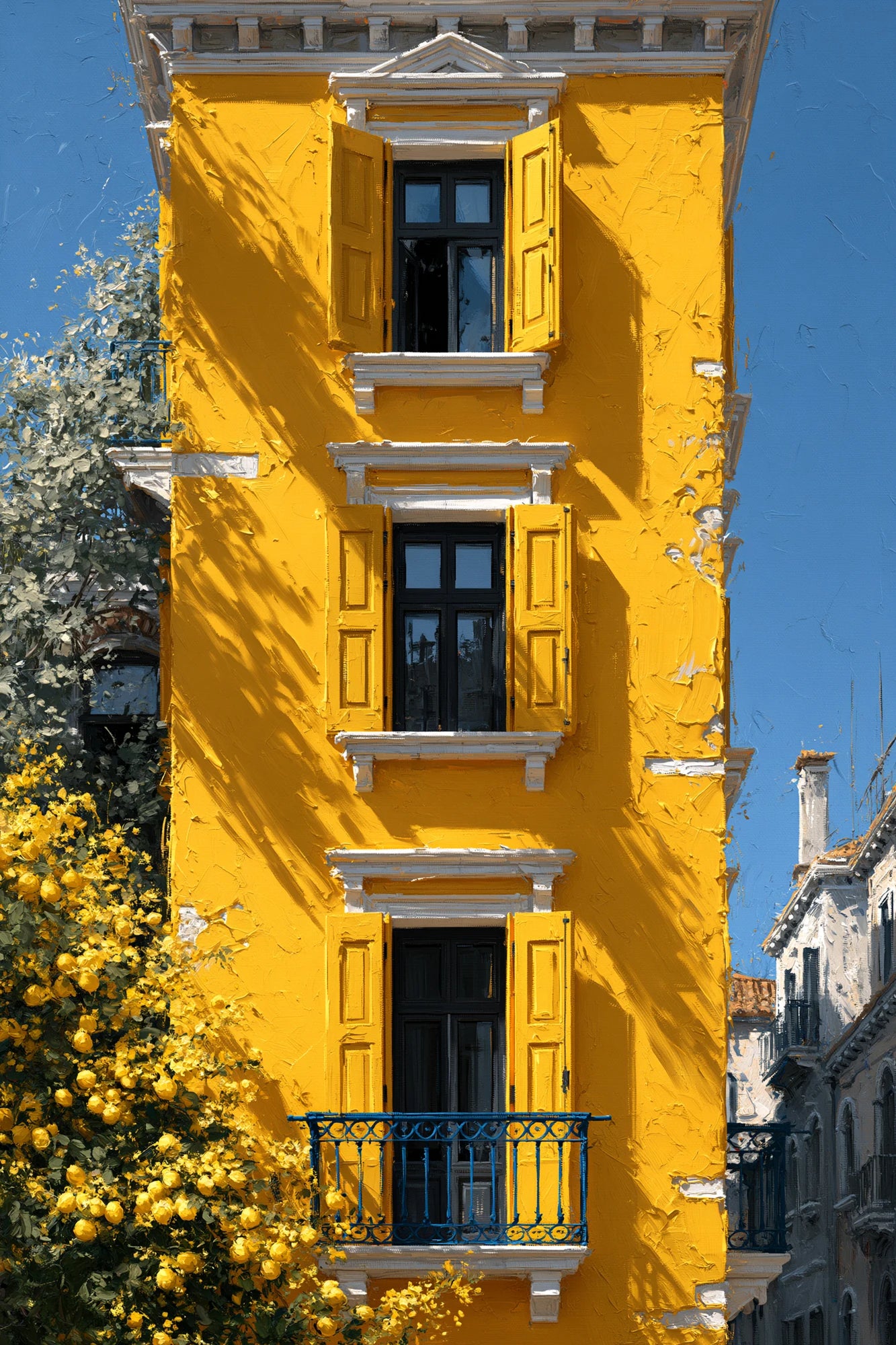 Maison méditerranéenne et balcon bleu sur toile verticale M par Art Virtuoso