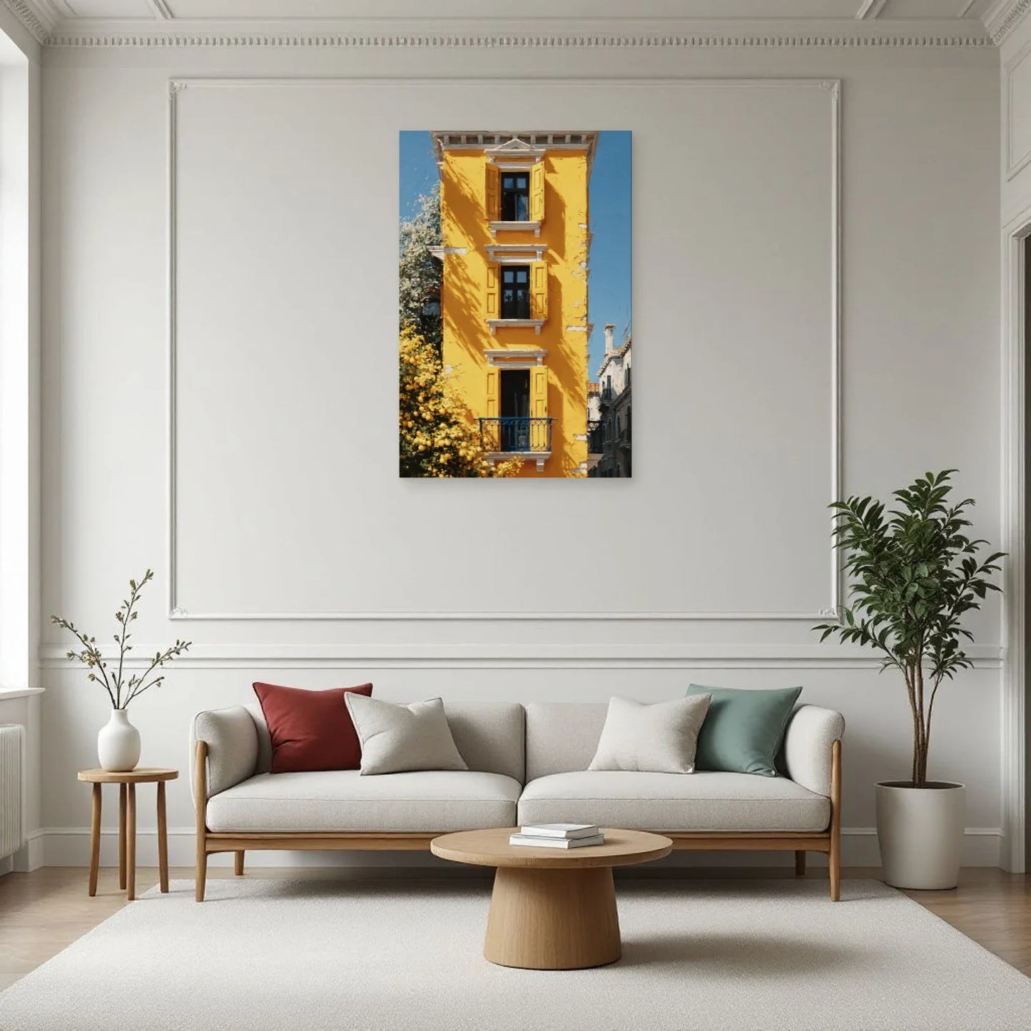 Façade méditerranéenne jaune dans un salon lumineux par Art Virtuoso