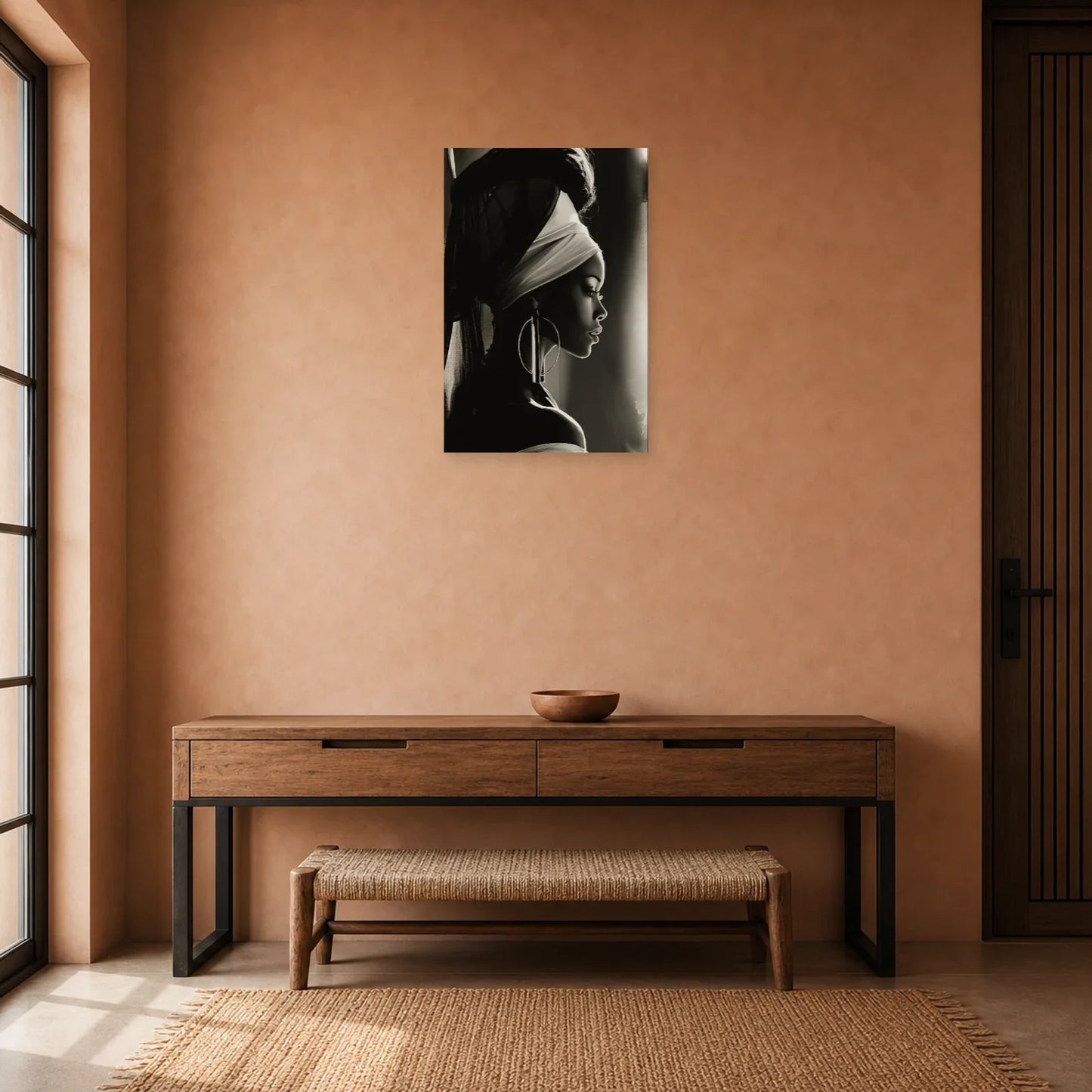 Tableau Femme Africaine Noir Blanc Profil dans une entrée ou un couloir - Art Virtuoso