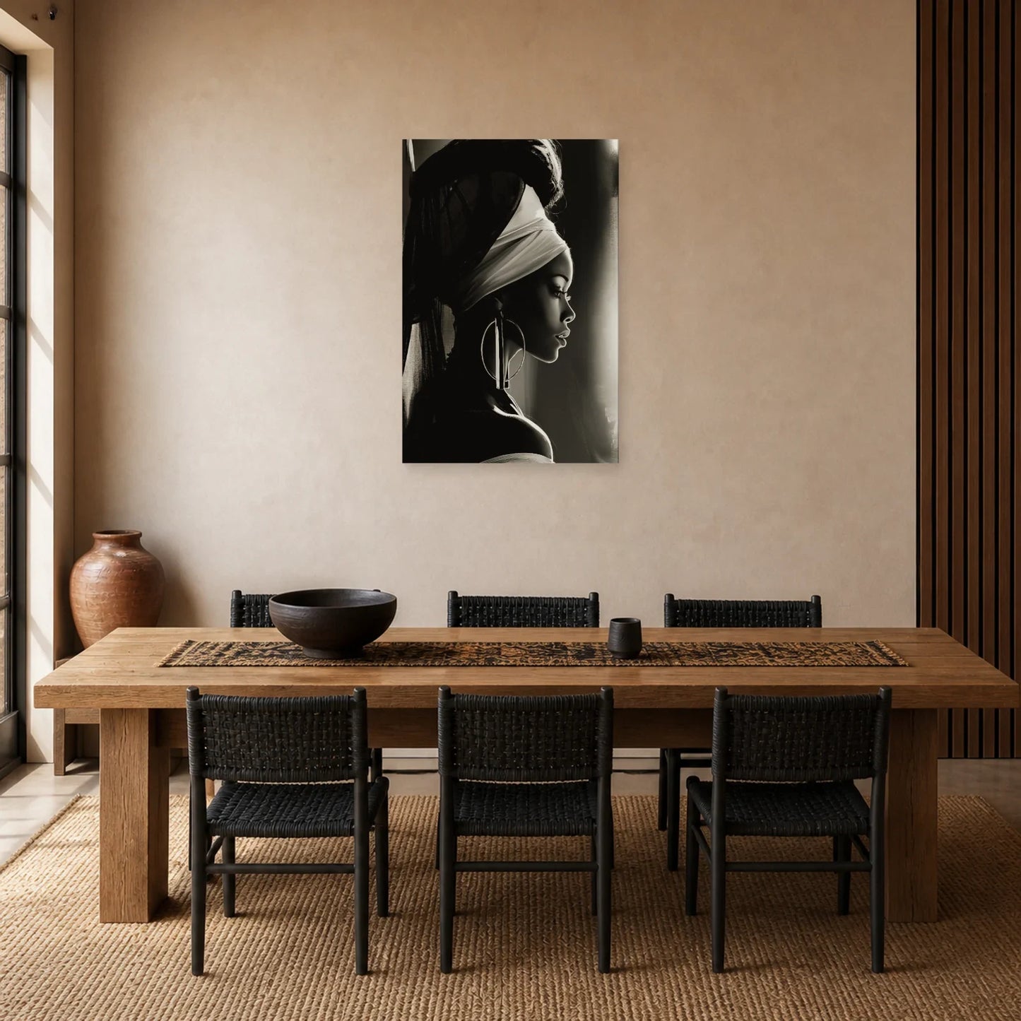 Tableau Femme Africaine Noir Blanc Profil dans une salle à manger - Art Virtuoso