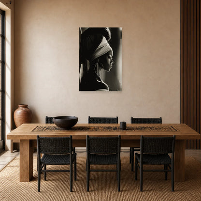 Tableau Femme Africaine Noir Blanc Profil dans une salle à manger - Art Virtuoso