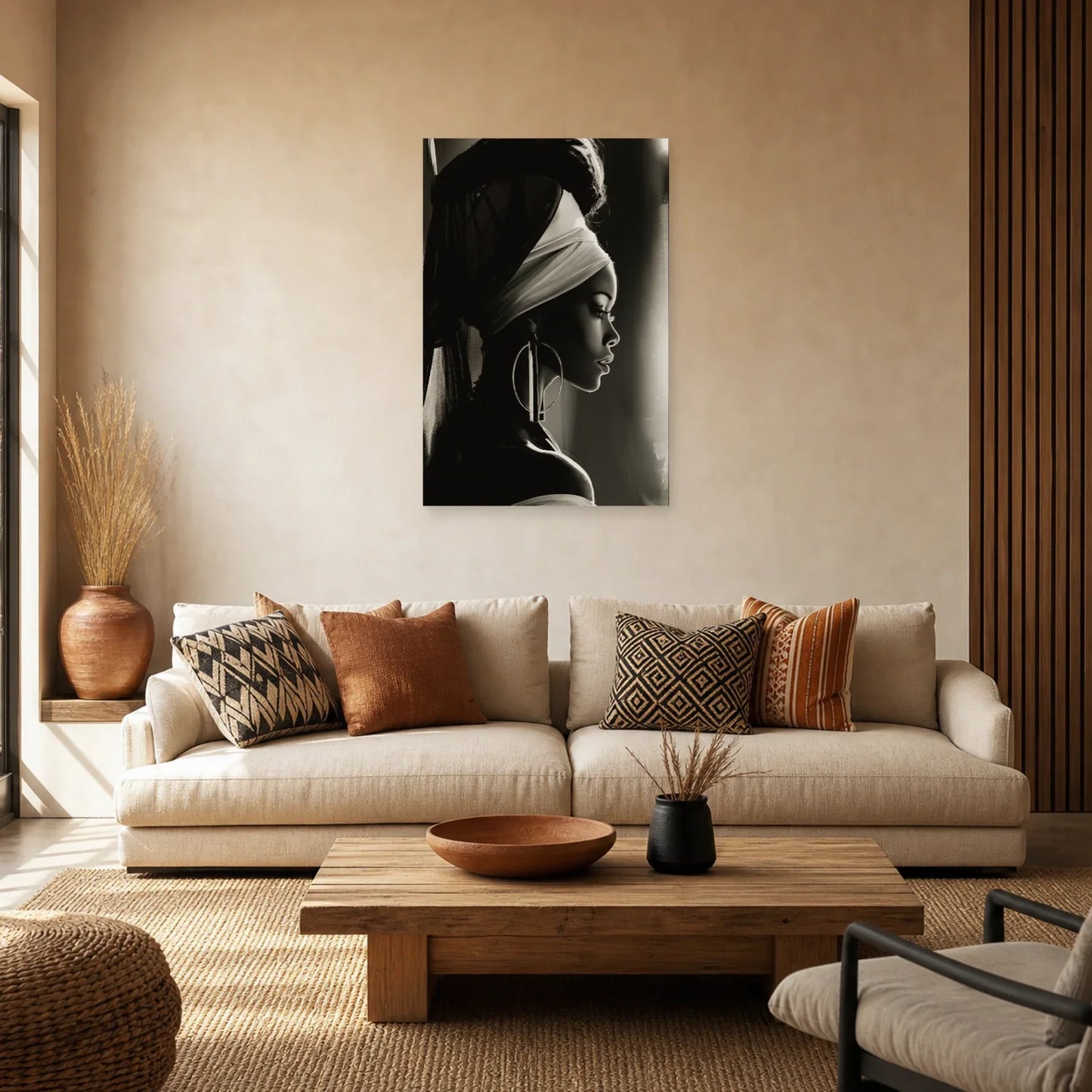 Tableau Femme Africaine Noir Blanc Profil dans un salon - Art Virtuoso