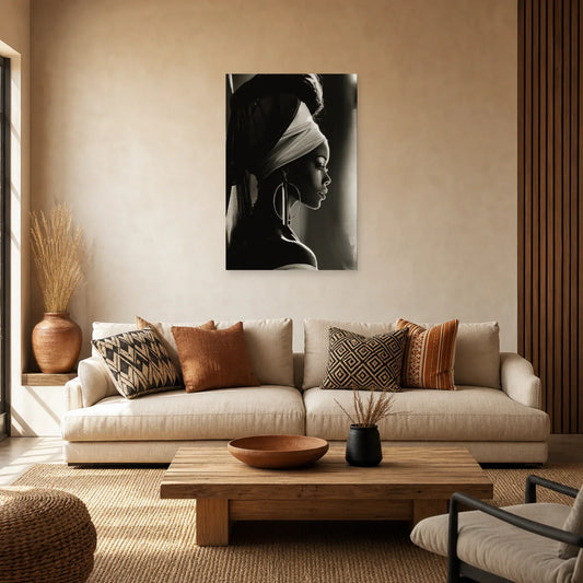 Tableau Femme Africaine Noir Blanc Profil dans un salon - Art Virtuoso