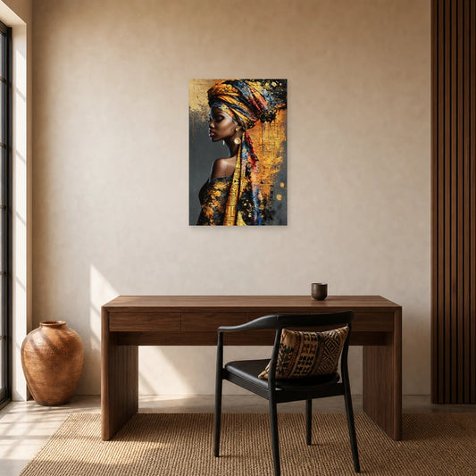 Tableau Femme Africaine de Profil - Éclat d’Ocre dans un bureau - Art Virtuoso