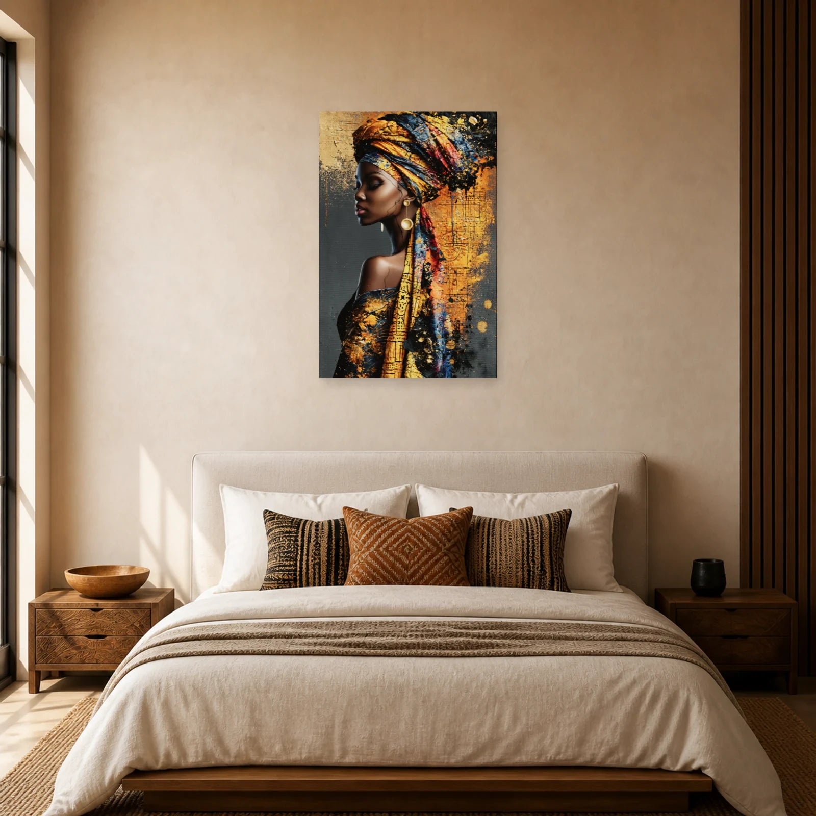 Tableau Femme Africaine de Profil - Éclat d’Ocre dans une chambre - Art Virtuoso